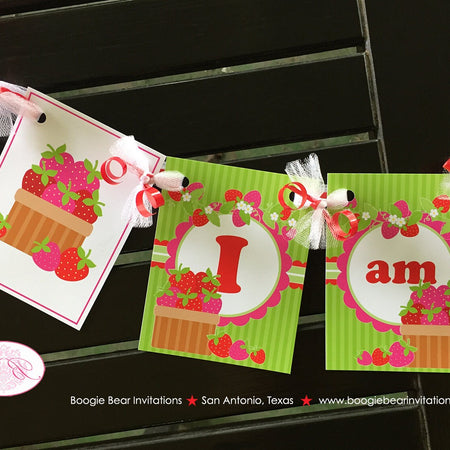 Pink Strawberry I am 1 Birthday Highchair Banner Party Red Green Sweet Berry Summer Crate Fruit Girl Boogie Bear Invitations Felicity Theme
