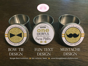 Mr Wonderful Birthday Party Treat Favor Tins Circle Candy Bow Tie Mustache Boy Onederful Black Gold 1st Boogie Bear Invitations Owen Theme