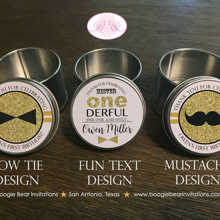 Mr Wonderful Birthday Party Treat Favor Tins Circle Candy Bow Tie Mustache Boy Onederful Black Gold 1st Boogie Bear Invitations Owen Theme