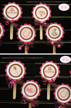 Load image into Gallery viewer, Pink Cowgirl Party Cupcake Toppers Birthday Horse Pony Girl Hoedown Hat Boots Country Rodeo Boots Set Boogie Bear Invitations Olivia Theme