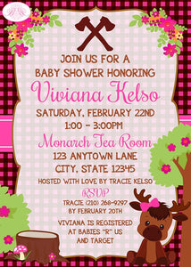 Baby Girl Moose Baby Shower Invitation Pink Forest Woodland Animals Calf Boogie Bear Invitations Viviana Theme Paperless Printable Printed
