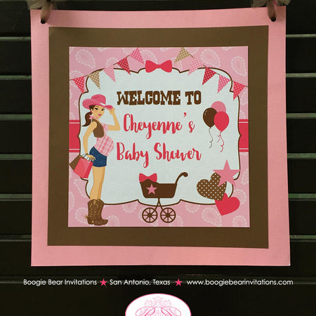 Cowgirl Pink Baby Shower Door Banner Girl Modern Chic Rustic Farm Barn Ranch Country Brown Paisley Boogie Bear Invitations Cheyenne Theme