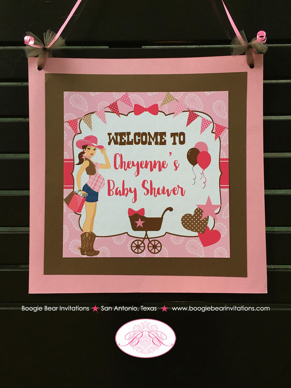 Cowgirl Pink Baby Shower Door Banner Girl Modern Chic Rustic Farm Barn Ranch Country Brown Paisley Boogie Bear Invitations Cheyenne Theme
