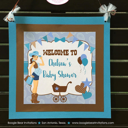 Cowgirl Blue Baby Shower Door Banner Boy Modern Chic Rustic Farm Country Turquoise Teal Paisley Barn Boogie Bear Invitations Chelsea Theme