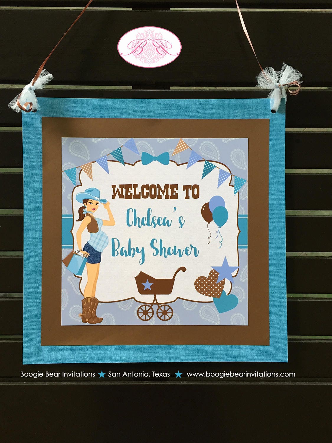 Cowgirl Blue Baby Shower Door Banner Boy Modern Chic Rustic Farm Country Turquoise Teal Paisley Barn Boogie Bear Invitations Chelsea Theme
