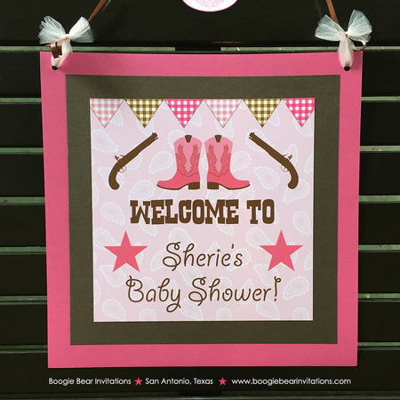 Pink Gunslinger Baby Shower Door Banner Lone Star Texas Brown Cowgirl Barn Boots Girl Paisley Gingham Boogie Bear Invitations Sherie Theme