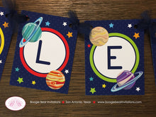 Load image into Gallery viewer, Outer Space Birthday Party Banner Small Boy Girl Science Planets Solar System Galaxy Orbit Stars Moon Boogie Bear Invitations Galileo Theme