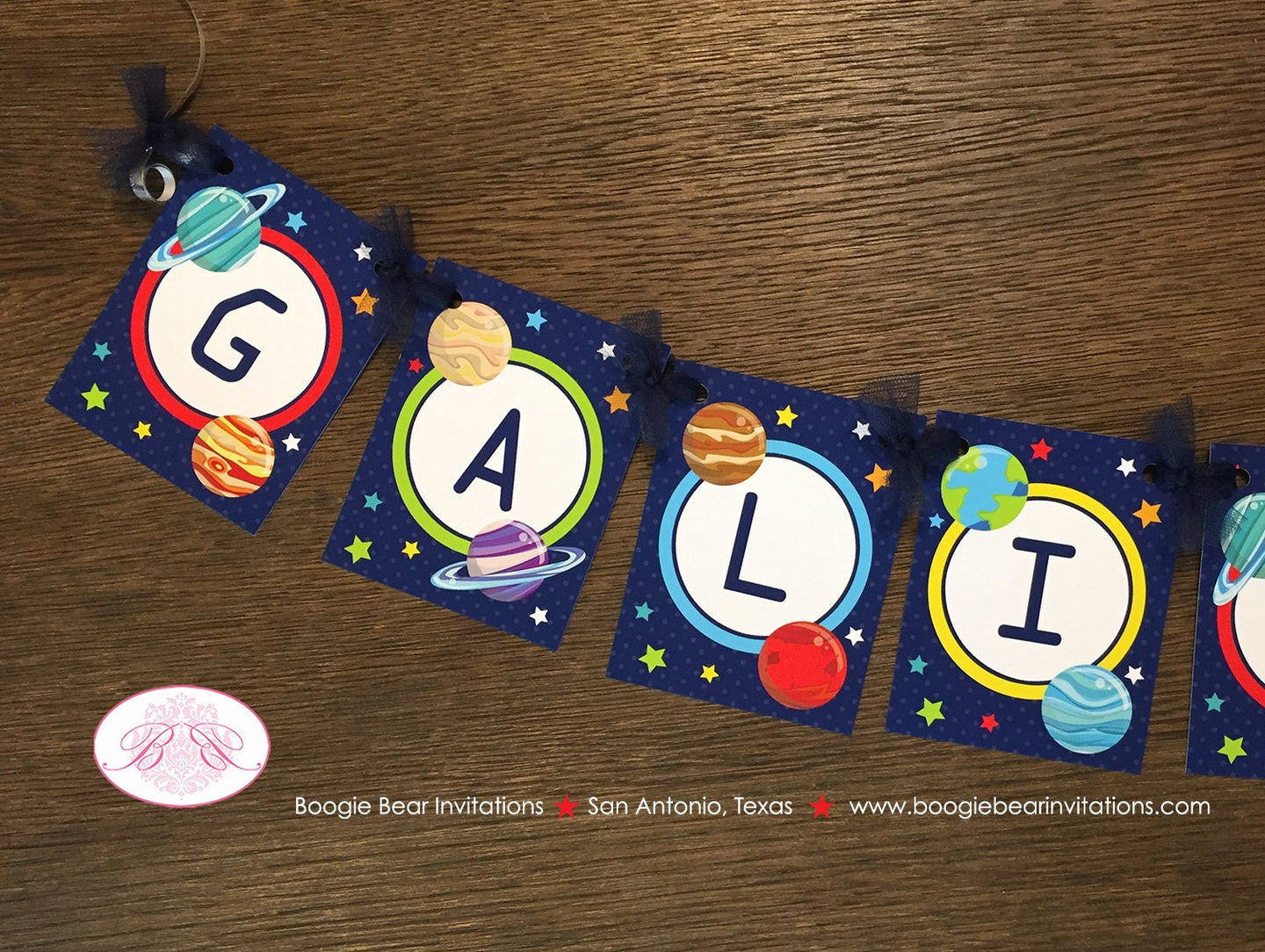 Outer Space Birthday Party Banner Small Boy Girl Science Planets Solar System Galaxy Orbit Stars Moon Boogie Bear Invitations Galileo Theme