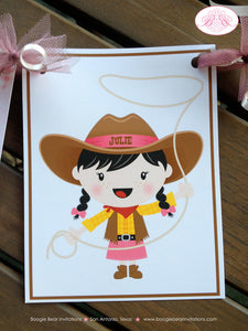 Cowgirl Birthday Party Name Banner Pink Girl Western Ranch Pony Horse Lasso Brown Hat Boots Farm Country Boogie Bear Invitation Julie Theme