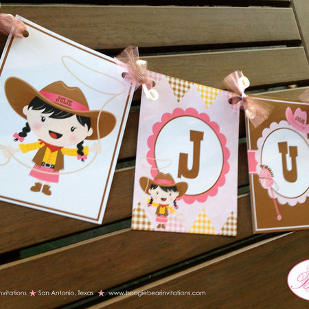 Cowgirl Birthday Party Name Banner Pink Girl Western Ranch Pony Horse Lasso Brown Hat Boots Farm Country Boogie Bear Invitation Julie Theme