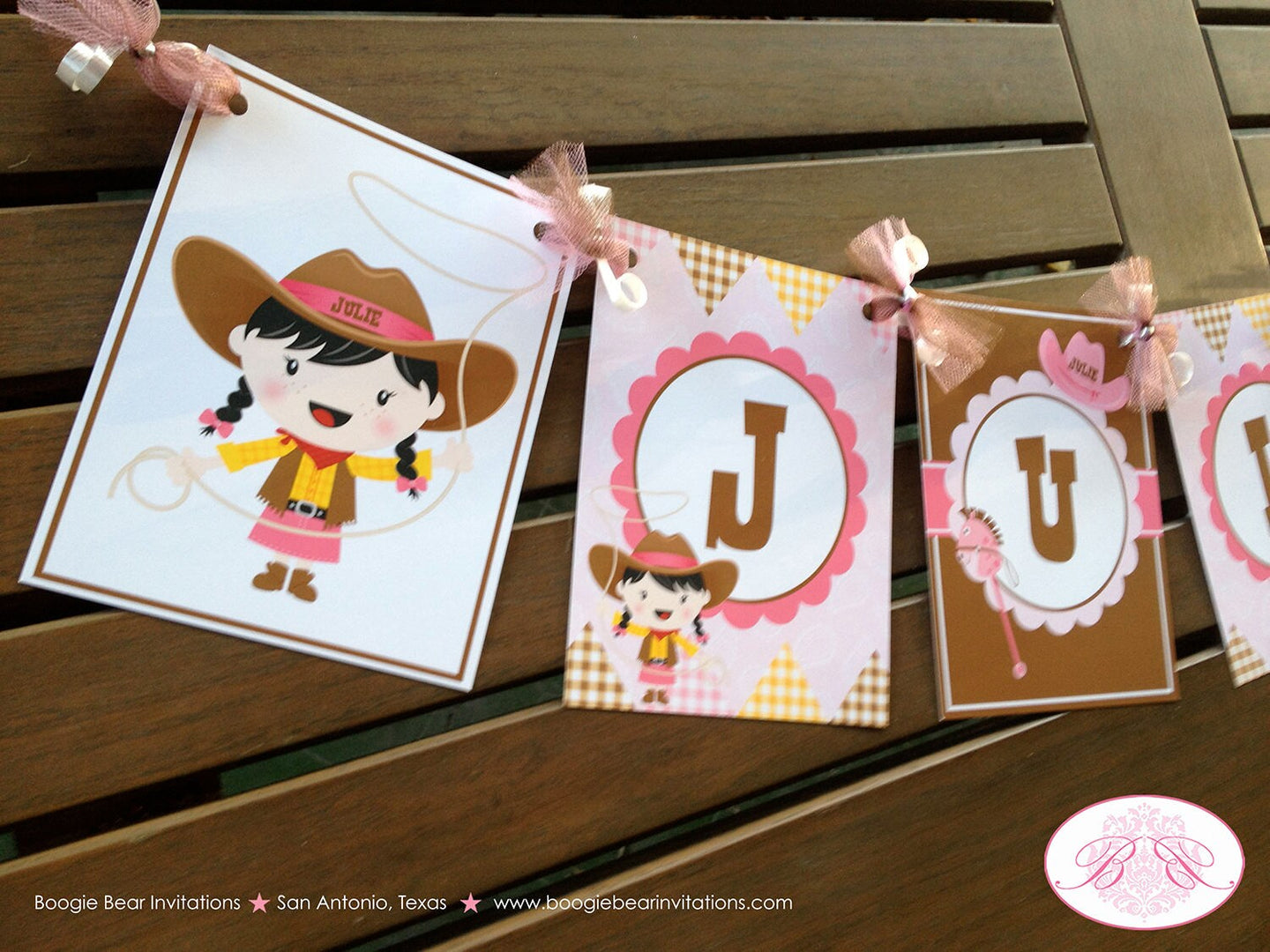 Cowgirl Birthday Party Name Banner Pink Girl Western Ranch Pony Horse Lasso Brown Hat Boots Farm Country Boogie Bear Invitation Julie Theme