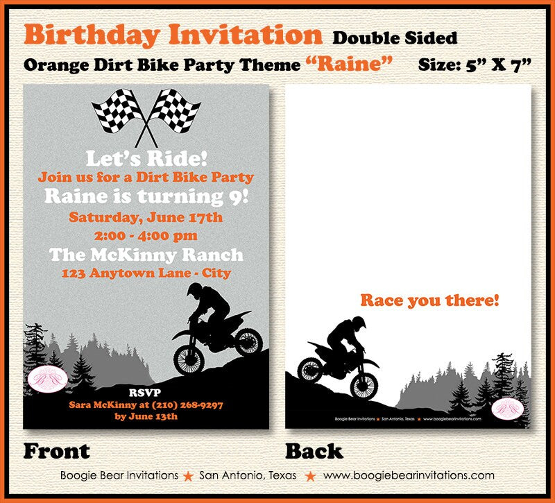 Dirt Bike Birthday Party Invitation Mountain Orange Black Girl Boy Motocross Enduro Race Track Boogie Bear Invitations Raine Theme Printed