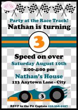 Load image into Gallery viewer, Race Car Birthday Party Invitation Orange Teal Grand Prix Racing Track Boy Boogie Bear Invitations Nathan Theme Paperless Printable Printed