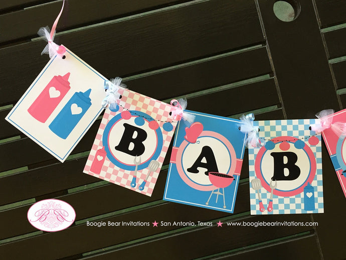 BBQ Reveal Baby Q Shower Banner Party Grill Pink Blue Summer Boy Girl Barbecue Twins Welcome Boogie Bear Invitations Shannon Theme Printed