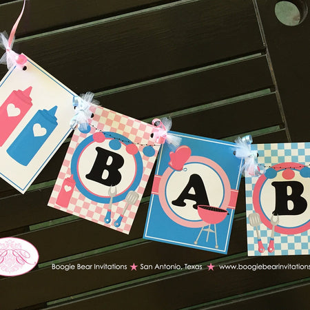 BBQ Reveal Baby Q Shower Banner Party Grill Pink Blue Summer Boy Girl Barbecue Twins Welcome Boogie Bear Invitations Shannon Theme Printed