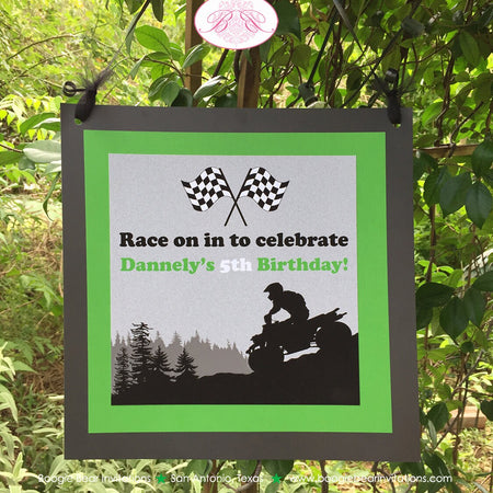 Green ATV Off Road Birthday Door Banner Black Party Quad All Terrain Vehicle 4 Wheeler Racing Boy Girl Boogie Bear Invitations Dannely Theme