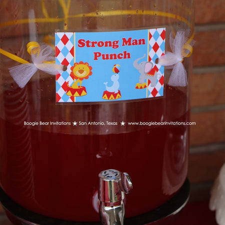 Circus Animals Party Beverage Card Birthday Drink Label Sign Big Top Red Blue Yellow Showman Carnival Boogie Bear Invitations Oscar Theme