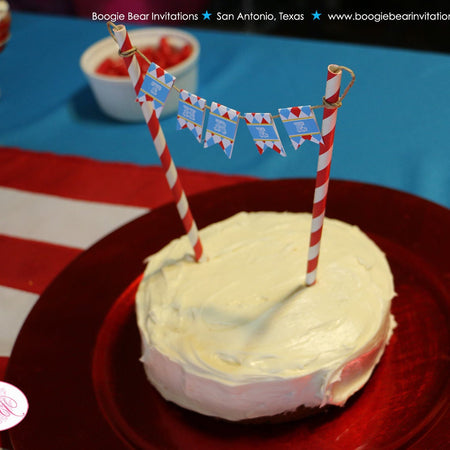 Circus Birthday Party Cake Banner Topper Flag Pennant Clown Boy Girl Zoo Animals Big Top Showman Show Boogie Bear Invitations Oscar Theme