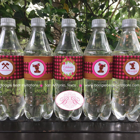 Little Moose Baby Shower Bottle Wraps Wrapper Cover Label Girl Pink Forest Woodland Animal Party Plaid Boogie Bear Invitations Viviana Theme