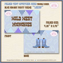 Load image into Gallery viewer, Blue Cowboy Birthday Party Favor Card Tent Place Appetizer Food Sign Label Tag Boy Country Farm Boogie Bear Invitations Logan Theme Printed