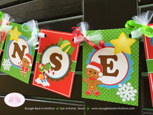 Load image into Gallery viewer, Gingerbread Boy Birthday Party Banner Small Red Green Lollipop Snowflake Snow 1st 2nd 3rd 4th 5th 6th Boogie Bear Invitations Hansel Theme