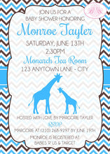 Load image into Gallery viewer, Blue Giraffe Boy Baby Shower Invitation Party Silhouette Brown Chevron Zoo Boogie Bear Invitations Monroe Theme Paperless Printable Printed