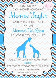 Blue Giraffe Boy Baby Shower Invitation Party Silhouette Brown Chevron Zoo Boogie Bear Invitations Monroe Theme Paperless Printable Printed