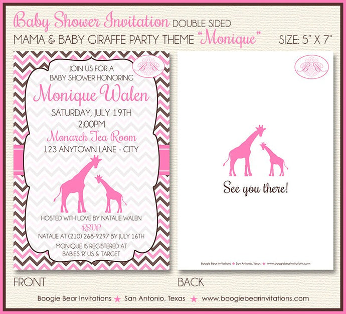 Pink Giraffe Girl Baby Shower Invitation Party Silhouette Brown Chevron Boogie Bear Invitations Monique Theme Paperless Printable Printed