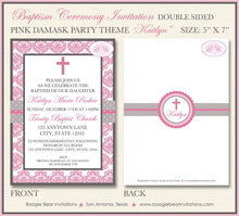 Load image into Gallery viewer, Pink Girl Baptism Invitation Damask Holy Cross Ceremony Wedding Formal Kid Boogie Bear Invitations Kaitlyn Theme Paperless Printable Printed