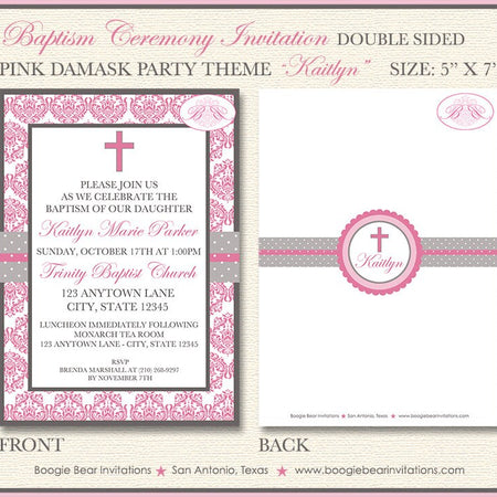 Pink Girl Baptism Invitation Damask Holy Cross Ceremony Wedding Formal Kid Boogie Bear Invitations Kaitlyn Theme Paperless Printable Printed