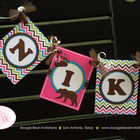 Pink Grizzly Bear Birthday Party Banner Small Girl Paw Print Green Brown Blue 1st 2nd 3rd 4th 5th 6th 7th Boogie Bear Invitations Nika Theme