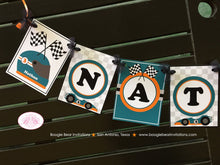 Load image into Gallery viewer, Race Car Name Birthday Party Banner Driver Boy Racing Orange Teal Black 1st 2nd 3rd 4th 5th 6th 7th 8th Boogie Bear Invitations Nathan Theme