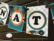 Load image into Gallery viewer, Race Car Name Birthday Party Banner Driver Boy Racing Orange Teal Black 1st 2nd 3rd 4th 5th 6th 7th 8th Boogie Bear Invitations Nathan Theme