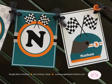 Load image into Gallery viewer, Race Car Name Birthday Party Banner Driver Boy Racing Orange Teal Black 1st 2nd 3rd 4th 5th 6th 7th 8th Boogie Bear Invitations Nathan Theme