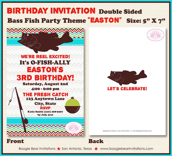 Bass Fish Fishing Birthday Party Invitation Boy Girl Chevron Rod Pole Reel Boogie Bear Invitations Easton Theme Paperless Printable Printed