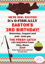 Load image into Gallery viewer, Bass Fish Fishing Birthday Party Invitation Boy Girl Chevron Rod Pole Reel Boogie Bear Invitations Easton Theme Paperless Printable Printed