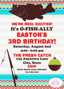 Bass Fish Fishing Birthday Party Invitation Boy Girl Chevron Rod