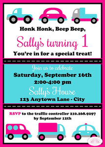 Cars Trucks Birthday Party Invitation Pink Turquoise Toy Road Girl Honk Beep Boogie Bear Invitations Sally Theme Paperless Printable Printed