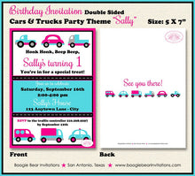 Load image into Gallery viewer, Cars Trucks Birthday Party Invitation Pink Turquoise Toy Road Girl Honk Beep Boogie Bear Invitations Sally Theme Paperless Printable Printed