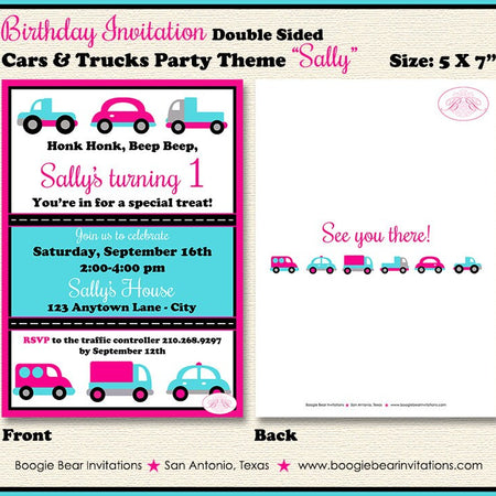 Cars Trucks Birthday Party Invitation Pink Turquoise Toy Road Girl Honk Beep Boogie Bear Invitations Sally Theme Paperless Printable Printed