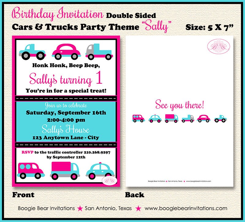 Cars Trucks Birthday Party Invitation Pink Turquoise Toy Road Girl Honk Beep Boogie Bear Invitations Sally Theme Paperless Printable Printed