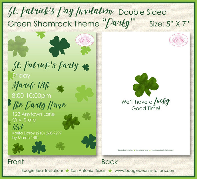 St. Patrick's Day Party Invitation Irish Green Lucky Shamrock Holiday 1st Boogie Bear Invitations Darby Theme Paperless Printable Printed