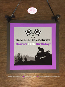 Purple ATV Birthday Party Door Banner Happy Off Road Quad Black Girl All Terrain Vehicle 4 Wheeler Racing Boogie Bear Invitations Dawn Theme
