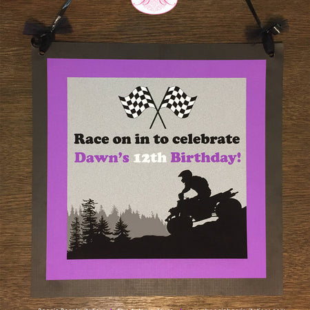 Purple ATV Birthday Party Door Banner Happy Off Road Quad Black Girl All Terrain Vehicle 4 Wheeler Racing Boogie Bear Invitations Dawn Theme