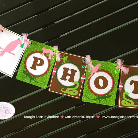 Pink Rainforest Birthday Party Banner Photo Booth Girl Parrot Monkey Frog Rain Forest Amazon Junble Zoo Boogie Bear Invitations Sophia Theme