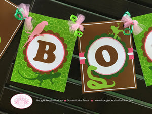 Pink Rainforest Birthday Party Banner Photo Booth Girl Parrot Monkey Frog Rain Forest Amazon Junble Zoo Boogie Bear Invitations Sophia Theme