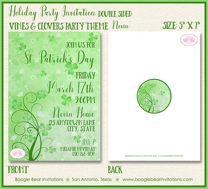 St. Patrick's Day Party Invitation Irish Green Lucky Shamrock Vines Clovers Boogie Bear Invitations Nevin Theme Paperless Printable Printed