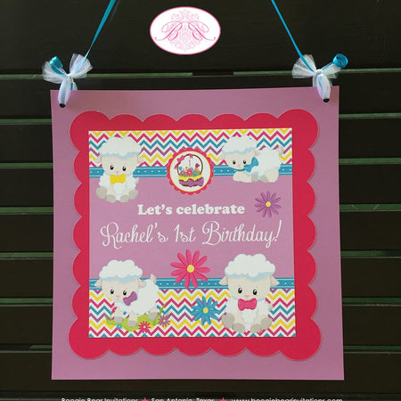 Spring Lambs Birthday Party Door Banner Sheep Pink Girl Easter Pink Yellow Purple Pastel Little Sheep Boogie Bear Invitations Rachel Theme