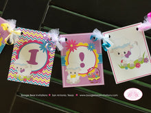 Load image into Gallery viewer, Spring Lambs Birthday Party I am 1 Banner Highchair Easter Sheep Girl Pink Yellow Purple Garden Picnic Boogie Bear Invitations Rachel Theme