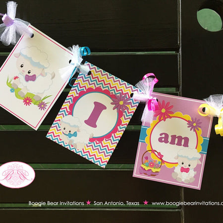 Spring Lambs Birthday Party I am 1 Banner Highchair Easter Sheep Girl Pink Yellow Purple Garden Picnic Boogie Bear Invitations Rachel Theme